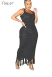 Solid Crochet Knitted Beach Cover Up Dress Tunic Summer Spaghetti Strap Tassels Hollow See Through Bikini Swimwear