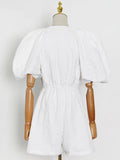 Fresh And Simple Wind 2025 Spring New Japanese And Korean Leisure Solid Color Collar Five-Point Lantern Sleeve Jumpsuit