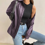 Women's Leather Jacket Autumn 2021 Thin Bomber Jacket Celmia Vintage Long Sleeve Coats Buttons Lapel Casual Solid Work