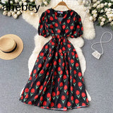 Sweet Floral Dresses Women V Neck Puff Sleeve Print Boho Beach Dress Summer Bohemian Print A-line Midi Dress