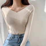 Women's Sweater Korean Bottom Knitwear Long-sleeved Tops Off-the-shoulder Slim Sweater Woman 2022 Autumn and Winter New
