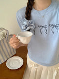 Bowknot Short Sleeve Round Neck Knit Top-Outfit