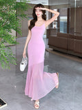 Stitched Pink Knitted Dress A New Summer Style For Women With Waist Halter And Perspective Fishtail Dress-Outfit