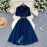 Version Of Fashion Casual Denim Dress Women Retro Collar Short Sleeve Single Buckle Waist Swing Shirt Long