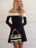 Off-Shoulder Color Block Long Sleeve Mini Dress-Outfit