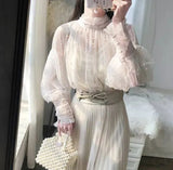 New Fashion autumn Women's Sweet Beads Bubble Sleeve Pearls Button Gauze Blouses Ladies Elegant Mesh Shirt Blusas
