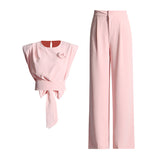 Toloer Commuter Style Formal Sense Suit 2024 Autumn New Round Collar Bow Splicing Jacket Waist Trousers Women-Outfit