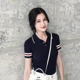Blue Temperament T-Shirt Girl Summer New Ice Silk Slimming Chic Retro Collar Short Sleeve