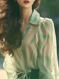 Toloer Elegant Exquisite Beauty Green Collar Long-Sleeved Shirt Women Spring And Autumn Yangqi Small Sun Protection