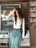Spicy Girl Lace Diagonal Neck Elegant Long sleeved T-shirt Women Tops Spring Bottoming Shirt Slim Lace Sexy Short Top-Outfit