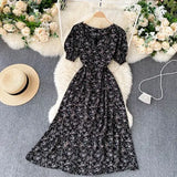 Boho Women Floral Printed dress V neck Puff-Sleeve dresses summer Ruffles beach midi