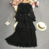 Net Color Chiffon Long-Sleeved Cake Skirt-Outfit