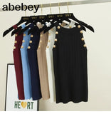 Women Soild Button Hollow Out Thin Knitted Tank Tops Female Girls Double Breasted Knit Sleeveless Sweater