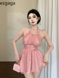 Sexy Dresses Women Sleeveless Halter Sweet Mesh Summer Backless Party Dress Bandage Elegant Female Fashion-Outfit