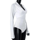 White V-Neck Draped Long Sleeve Bodysuit-Outfit