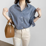 Version Of POL Collar Thin Striped Cotton Silk Shirt Woman 2025 New Broken Shoulder Long Sleeve Tuxedo