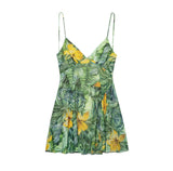 2025 Spring New Women's Printed V-Necked Suspension Short Dress