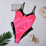 Lace Patchwork Satin Bodysuit Sexy Backless Jumpsuit Slim Women Tops One Piece Fashion Club Party Bodysuits Skinny