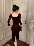 Autumn Winter Dresses Women Elegant Sexy Square Collar Slim Long Sleeve Vintage Velvet Dress Female French Style Chic-Outfit