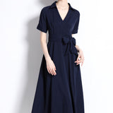 Fine-Cooked High-End Collar Short-Sleeved Long Dress Temperament Strap Solid Color To Close The Waist Sister Thin Women's