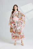 Court Style Temperament Round Collar Horn Long Sleeves Loose Celadon Print A-Word Dress Seaside Holiday