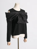 Toloer 2024 New Splice Bow Small Design Sense Black Long-Sleeved T-Shirt Female Careful Machine Off The Shoulder Coat-Outfit