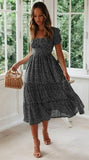 Toloer New Wish Burst Square Collar Bubble Sleeve Floral Dress Dress-Outfit