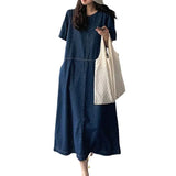 Toloer Chic Summer Retro Temperament Round Collar Bright Line Design Sense Loose Casual Short-Sleeved Denim Dress Female-Outfit
