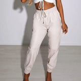 Women PU Leather Autumn Fashion Elegant Office Casual Loose Harem Leather Pants Elastic High Waist Female Long Trousers-Outfit