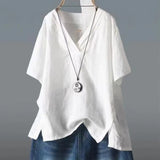 Summer New Solid Color Buffet Short-Sleeved V-Neck T-Shirt Women Irregular Large Cotton Loose Leisure
