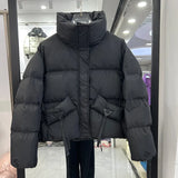 Winter New Standing Collar Down Jacket Female Short Style Casual Fashion Add Thick Small Bread Clothing White Duck Down Coat Tide-Outfit