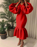 Commute Plus Size Women's Fashion Solid Color V-neck Bubble Long Sleeve Fishtail