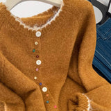 Toloer Retro Wavy Collar Color Button Design Knitted Cardigan Women Loose Soft-Creative Sweater Jacket