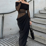 Summer 2025 New Long Dress Temperament Sexy Shoulder Mesh Yarn Hollow Dress
