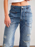 New Retro Hole Straight Trousers Casual Splicing Trousers Loose Jeans