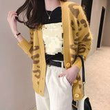 Autumn Winter Knitted Leopard Sweaters Women Korean V Neck Thick Print Cardigan Coat Loose Button Outwear