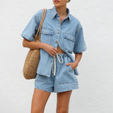 2025 New Vintage Casual Pocket Short Sleeve Shirt Shorts Denim Set