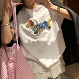 T-shirt Embroidered Dog Cute Short Sleeve Grey T-shirts Women Tops Summer Round Neck Loose Causal Top Women Clothing-Outfit