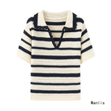 Striped Knitted Short-Sleeved Woman Summer 2025 New Collar Polo Shirt Small Short