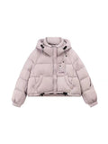 Puff Hooded Down Jacket Women's Short Winter 2024 New Add Thick Color Zipper Sleeve White Duck Velvet Bread Coat-Outfit