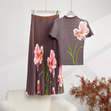 Fashion Set Women's Summer French High-Grade Folding Print Short-Sleeved Top + Loose A Word 100-Fold Long