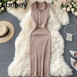 Knitted Sexy Club Sheath Bodycon Dresses Women Solid Sashes Stretch Button Vestidos 2022 Summer Robes