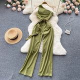 Women Satin Jumpsuit Summer Irregular V Collar Sleeveless Sexy Streetwear Strap dress Elegant Wide Leg Romper