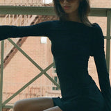 Black Mesh Long Sleeve Backless Mini Dress-Outfit