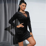 Women's Independent Station Fashion Waist Velvet Hot Drill Luxury Dress Mesh Stitching Perspective Buttocks-Outfit