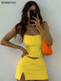 PU Two Piece Sets Women Leather Zipper Mini Skirts Side Split Women Tube Sleeveless Crop Top Sexy Clubwear Skirt