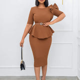 Short-Sleeved Flower Solid Color Large Size Tight Dress With