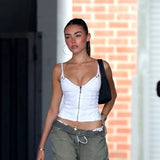 Women Summer Bodycon Tank Tops Spaghetti Strap Sleeveless Front Zipper Self Tie Back Bandage Cami Tops for Ladies-Outfit
