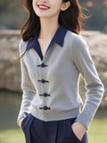 Toloer Chinese Style Gray Polo Collar Knitted Shirt Autumn Women 2025 New Small Small Small