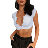 Short Sleeve T-Shirts Women Solid Colour Sexy Tops Casual Slim Fit Tee Shirts Femme Button Knitted Tshirts Streetwear